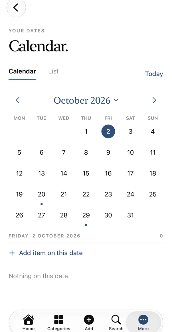 The Life Admin monthly calendar with important dates marked.