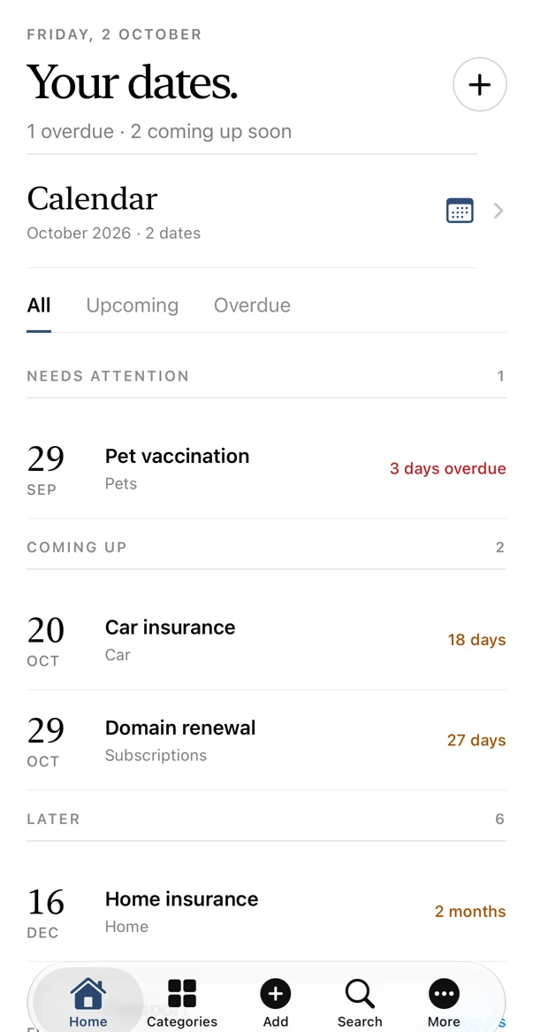 The real Life Admin home screen showing insurance, vaccination and domain renewal dates.